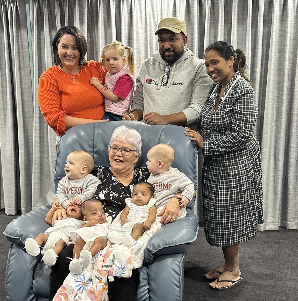 Kaye Ross, pictured with twins Bernadette and Ashton, and triplets Archer, Asher and Amour,